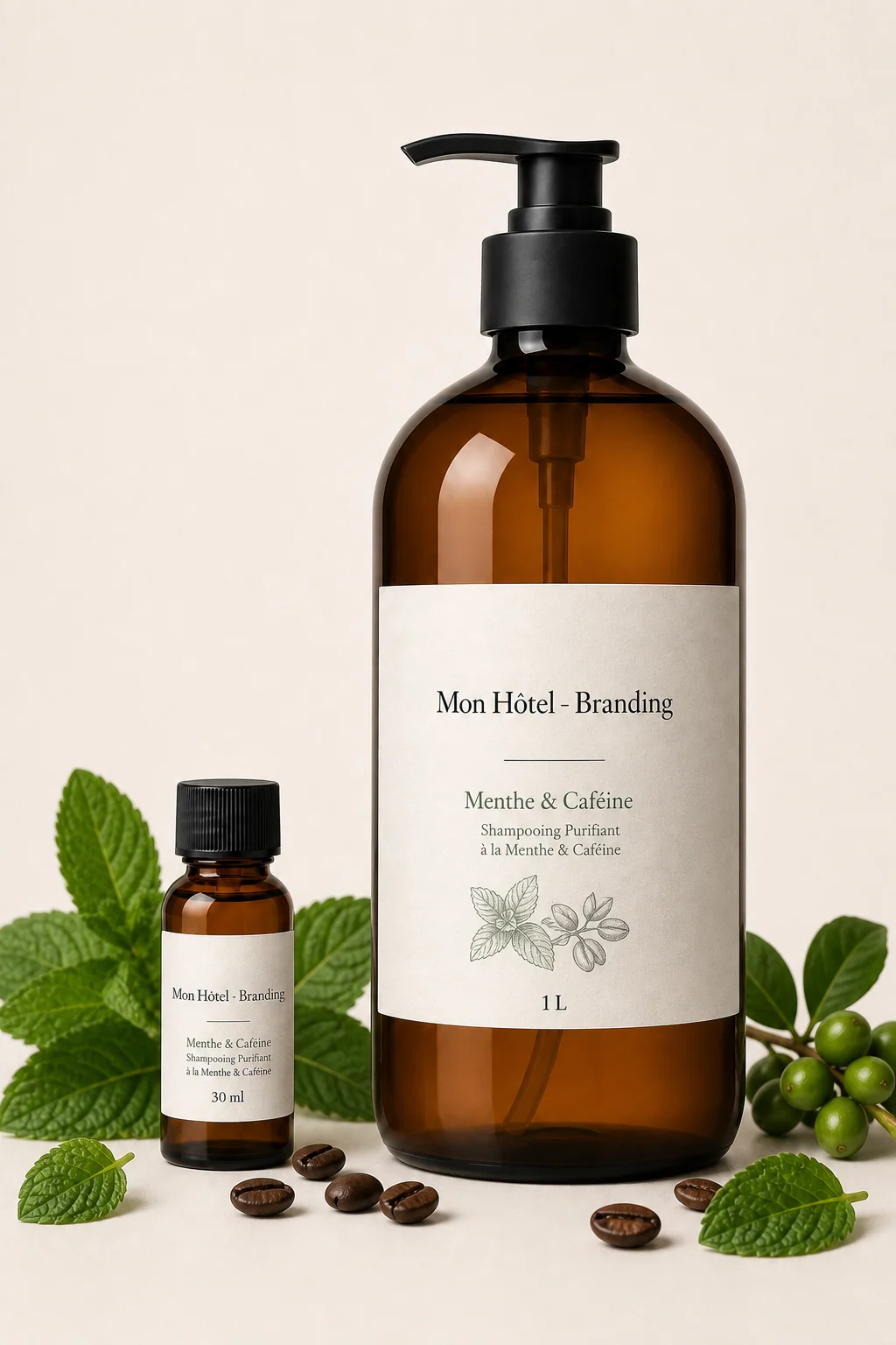 Shampoing Menthe et Caféine Mon Hôtel - Branding, formats 30 ml et 1 L