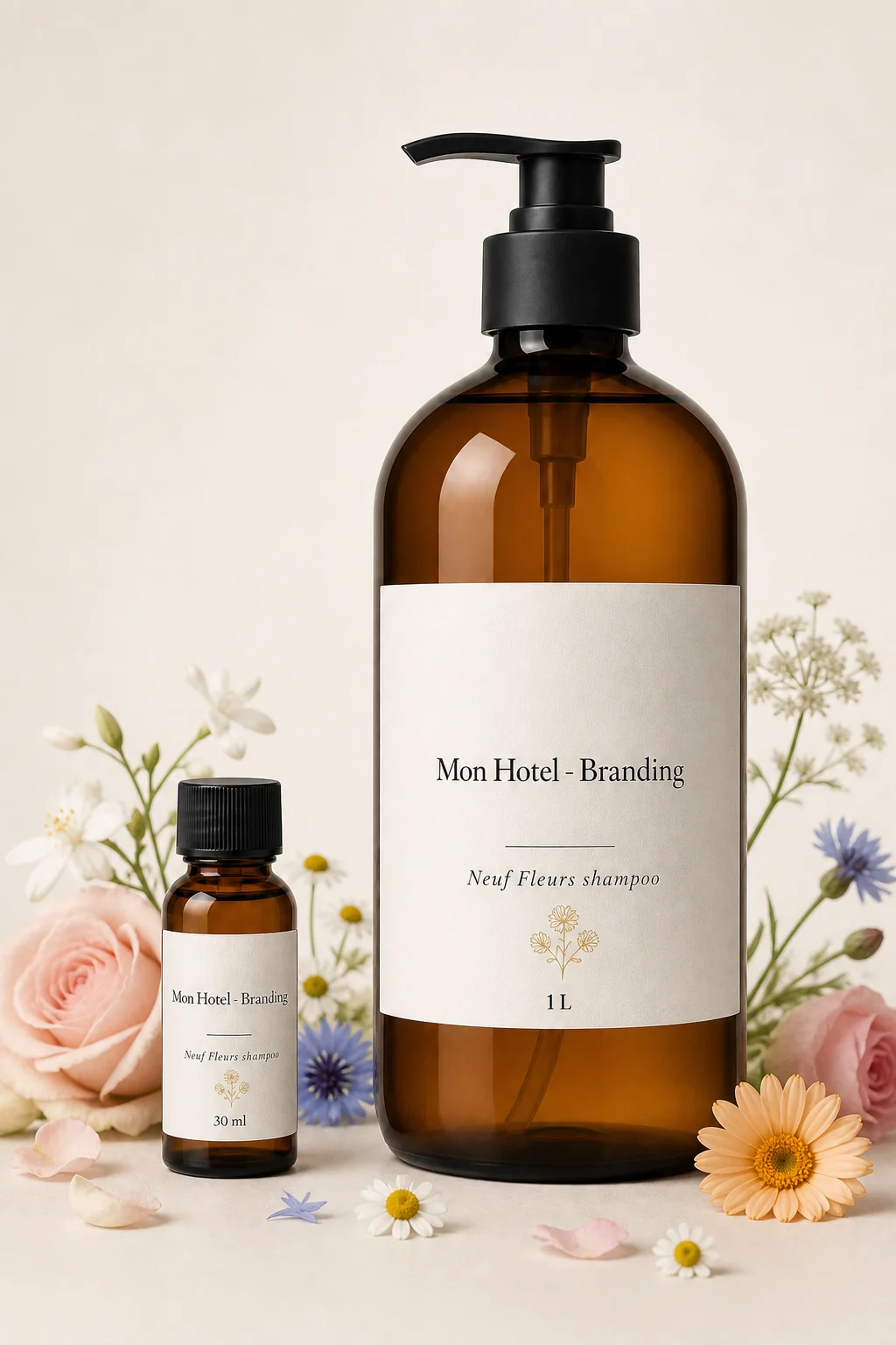 Shampoing Neuf Fleurs Mon Hôtel - Branding, formats 30 ml et 1 L, avec fleurs délicates