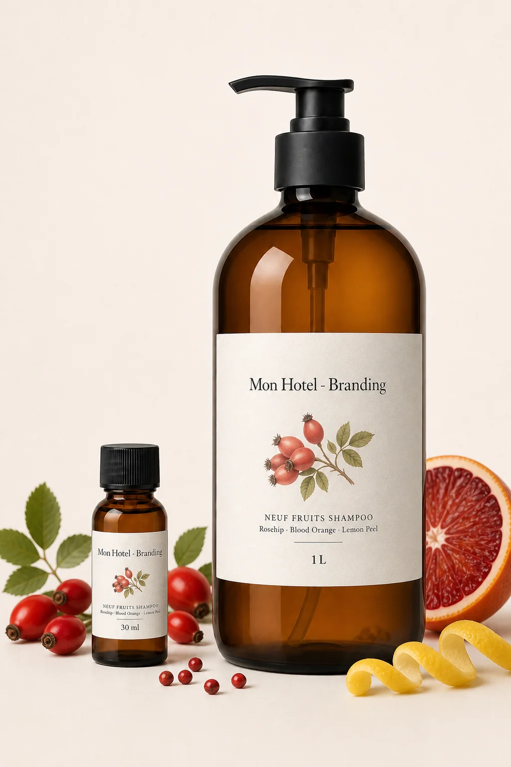 Shampoing Neuf Fruits Mon Hôtel - Branding, formats 30 ml et 1 L, avec fruits et agrumes