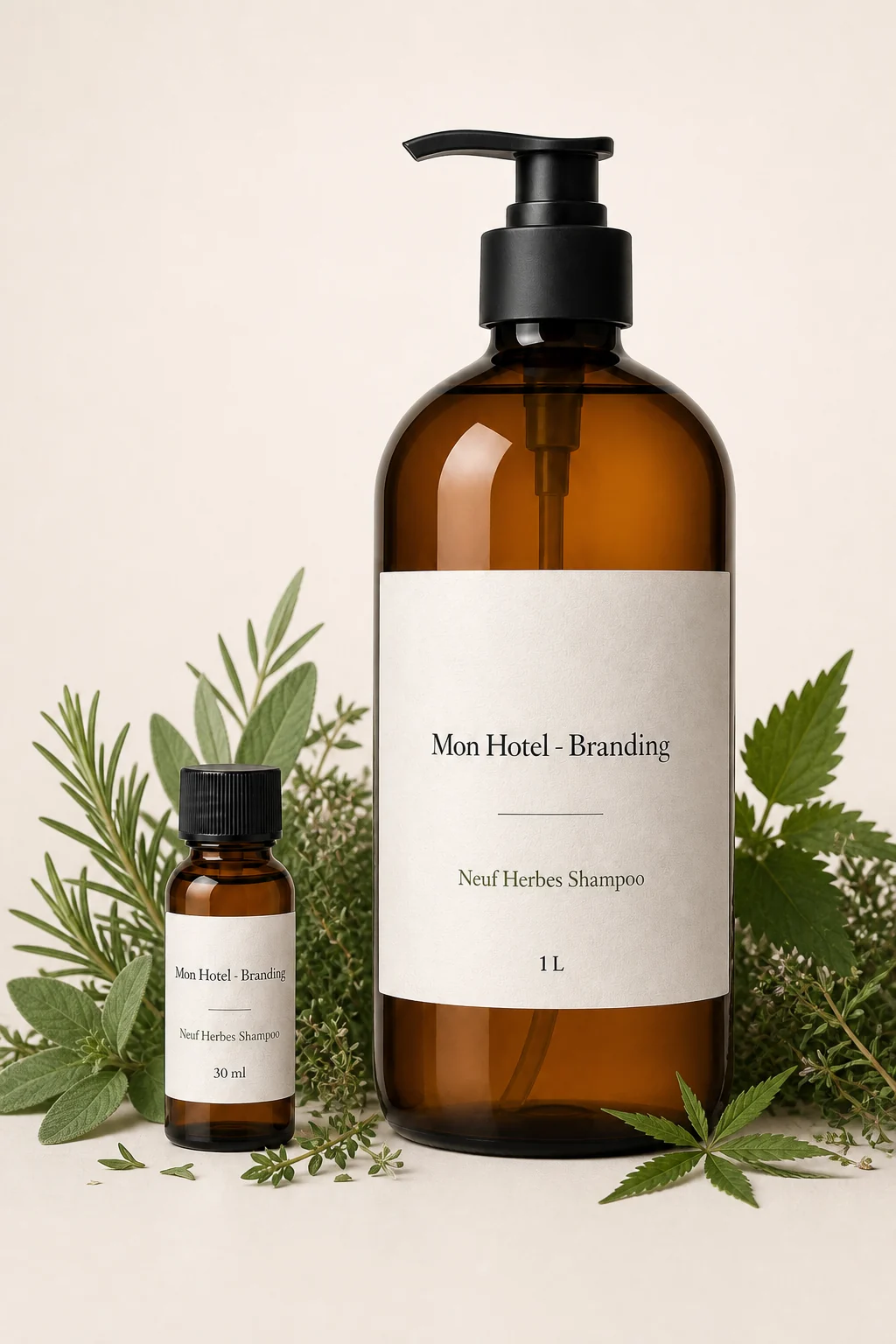 Shampoing Neuf Herbes Mon Hôtel - Branding, formats 30 ml et 1 L, avec herbes fraîches